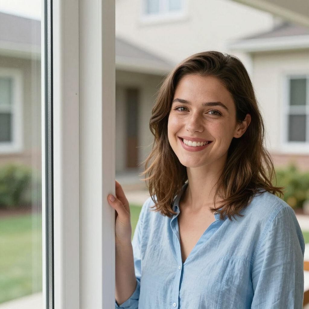 A smiling person wearing a blue shirt stands by a window with a house and green lawn in the background.