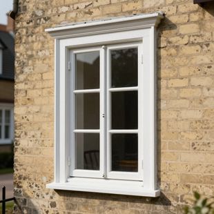 A white, multi-pane window with a decorative frame installed in a yellow brick exterior wall.