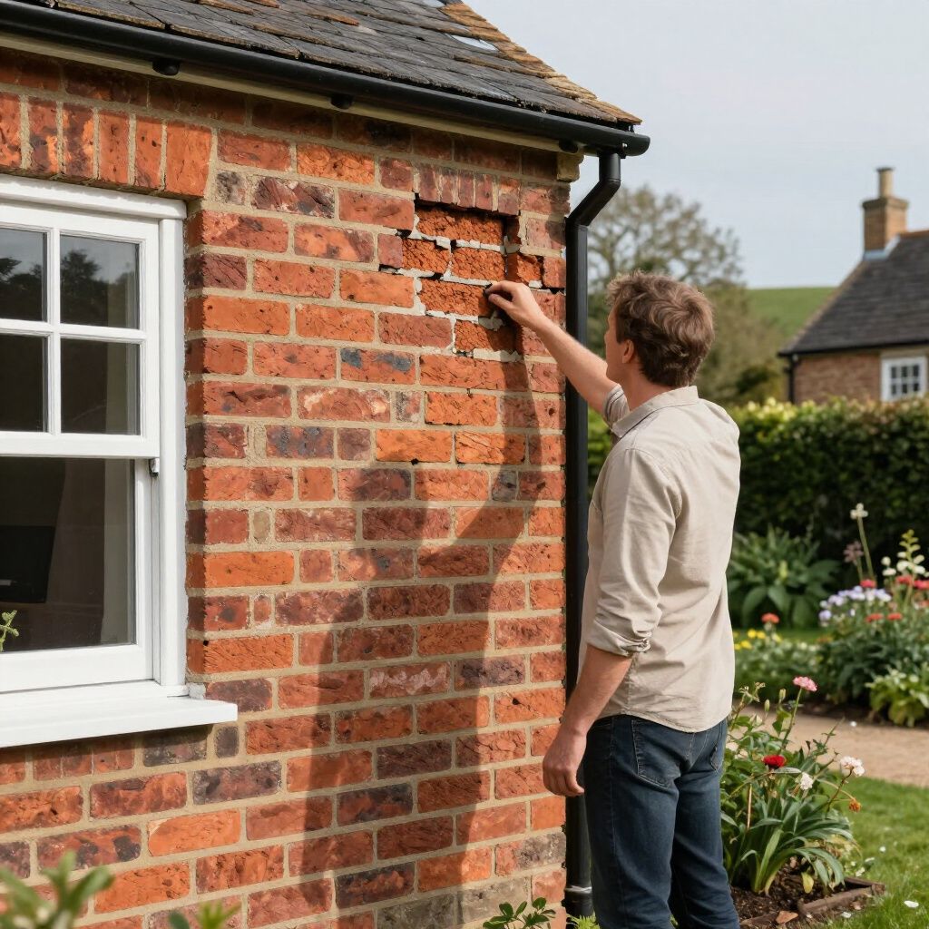 A person inspecting a damaged brick wall on the side of a house with a garden in the background.