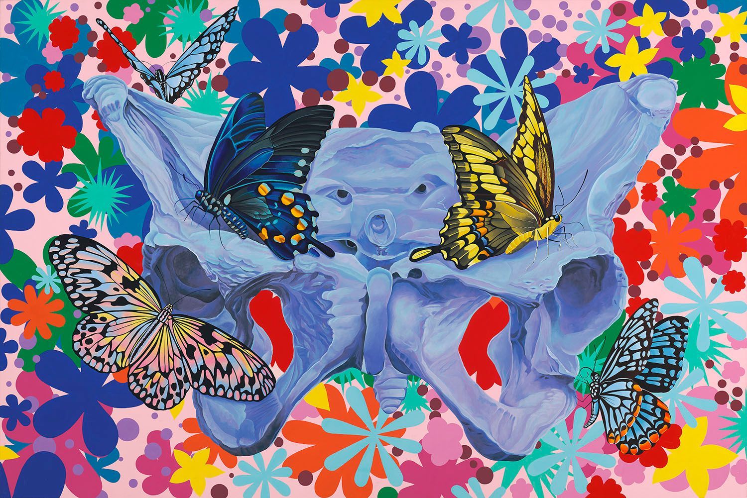 art, painting, donatella azygous, comissioned art, los angeles, female artist, skull, skull art, pelvic bone, butterfly painting, opulent, wealth, beauty, love, craftsmanship, excellence