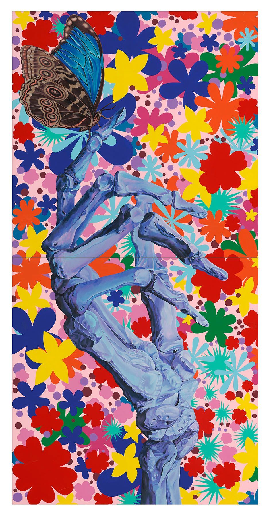 art, painting, donatella azygous, comissioned art, los angeles, female artist, skull, skull art, skeleton hand, butterfly painting, opulent, wealth, beauty, love, craftsmanship, excellence