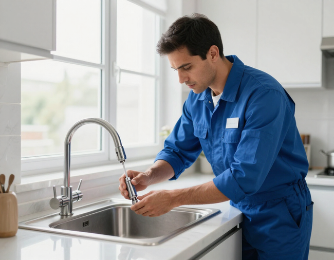 Person in blue workwear washing hands at a kitchen sink near a window.