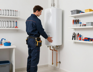 Technician inspecting a white wall-mounted water heater in a bright utility room