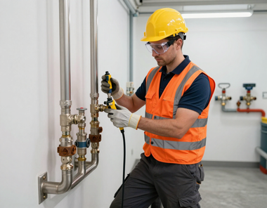 Technician in orange vest and hard hat inspecting wall-mounted pipes with a handheld device in a utility room
