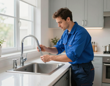 Person in blue shirt fixing a kitchen faucet at a sink in a bright kitchen.