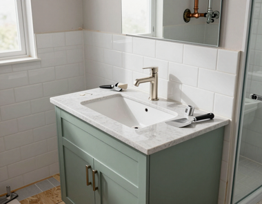 Mint green bathroom vanity with white sink and chrome faucet beside a tiled shower wall