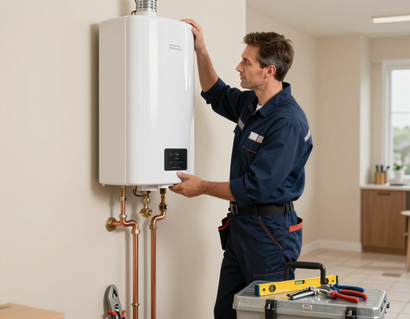 Technician inspecting a wall-mounted water heater in a bright home utility room