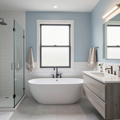 Modern bathroom with glass shower, freestanding tub, light blue walls, and wood vanity.