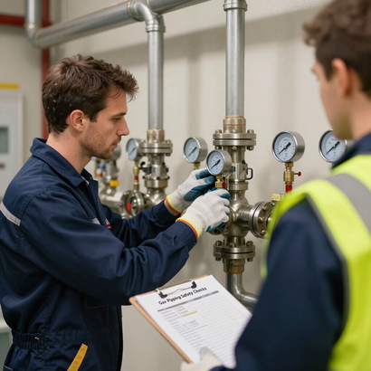 Technician adjusting industrial pipes and gauges while another observes with a clipboard.