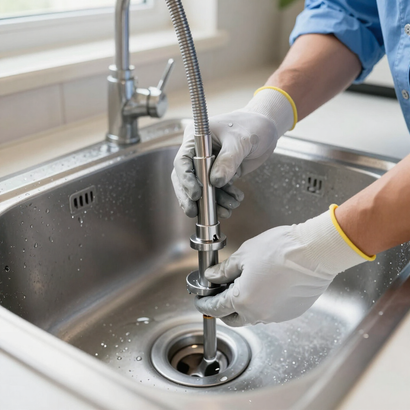 Gloved hands unclogging a stainless steel kitchen sink drain with a drain snake