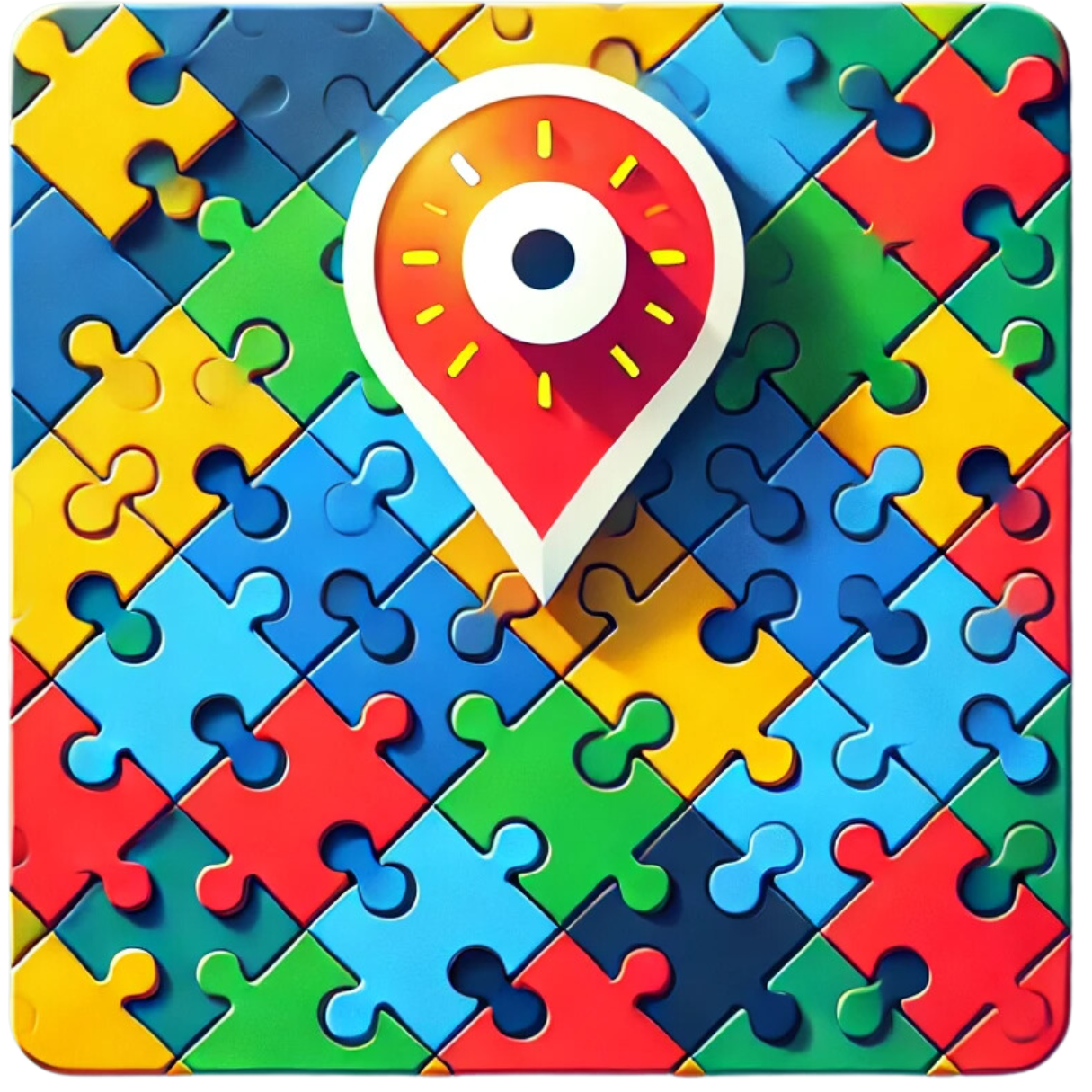 A colorful puzzle with a map pin in the middle