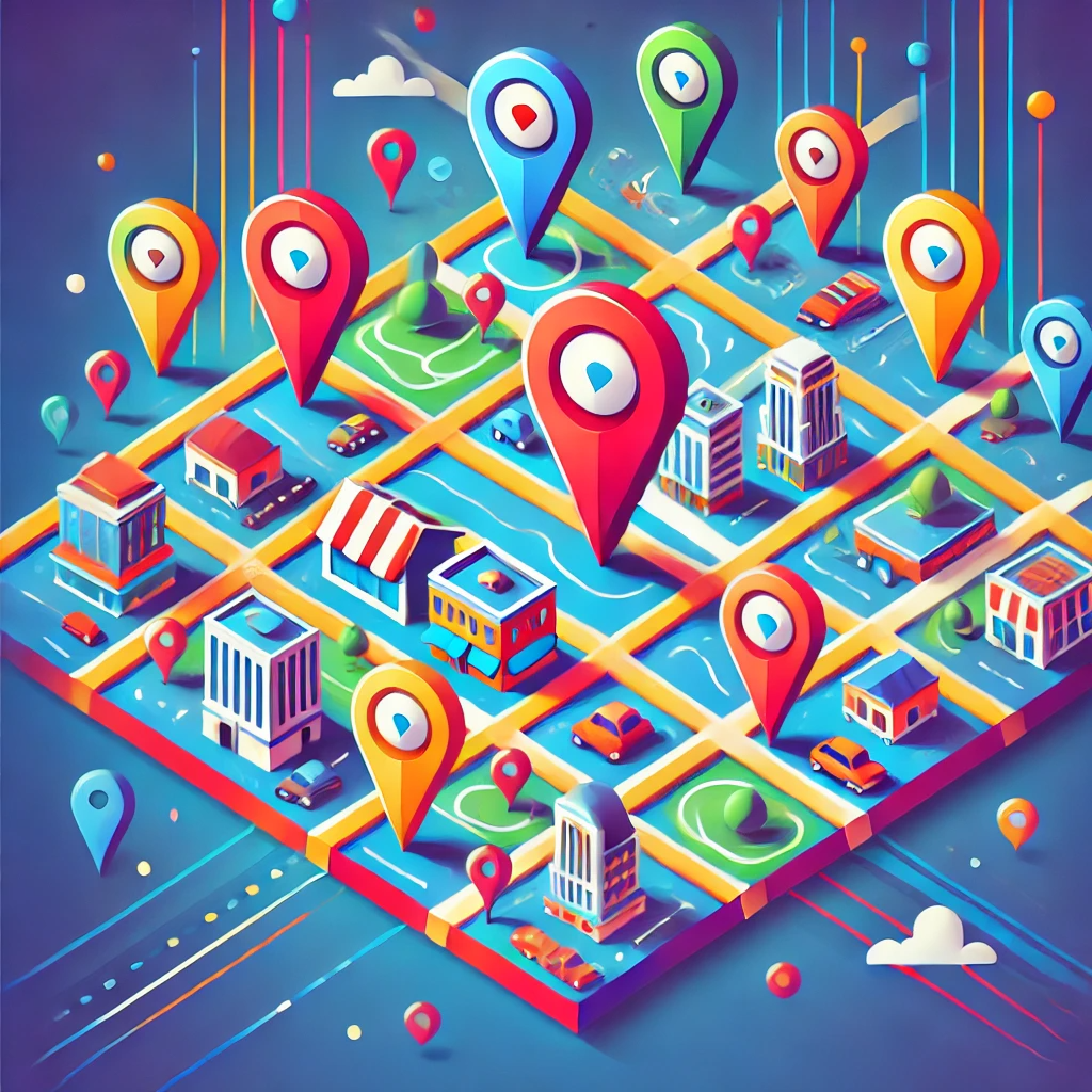 An isometric map of a city with lots of Google map pins on it.