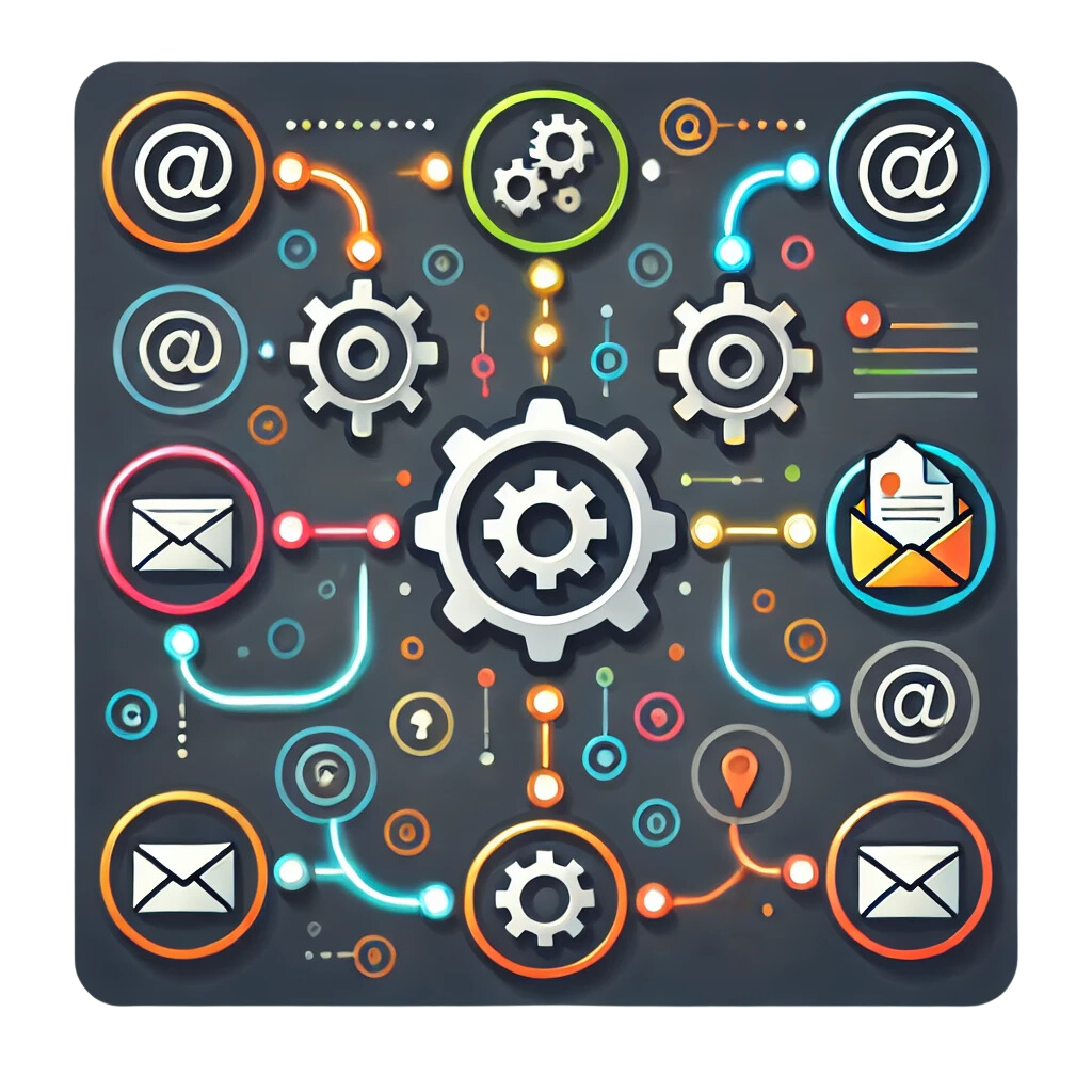 A colorful illustration of gears and email icons on a black background.