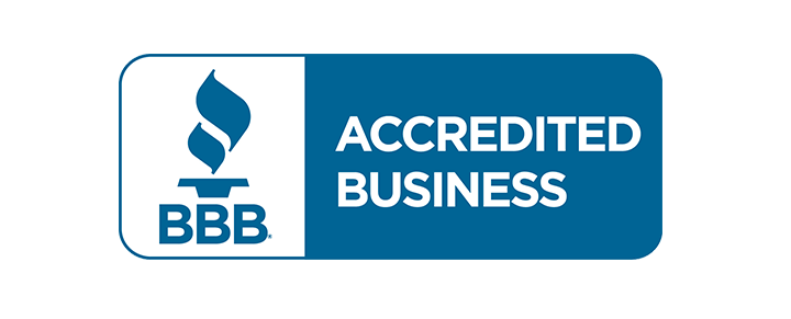 The bbb logo is blue and white and says accredited business.