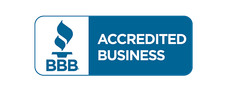 The bbb logo is blue and white and says accredited business.