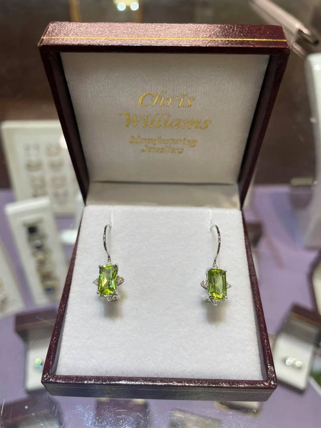 A Pair of Lime-green Rectangular Gemstone Earrings — Chris Williams Retail & Manufacturing Jewellers in Wanguri, NT