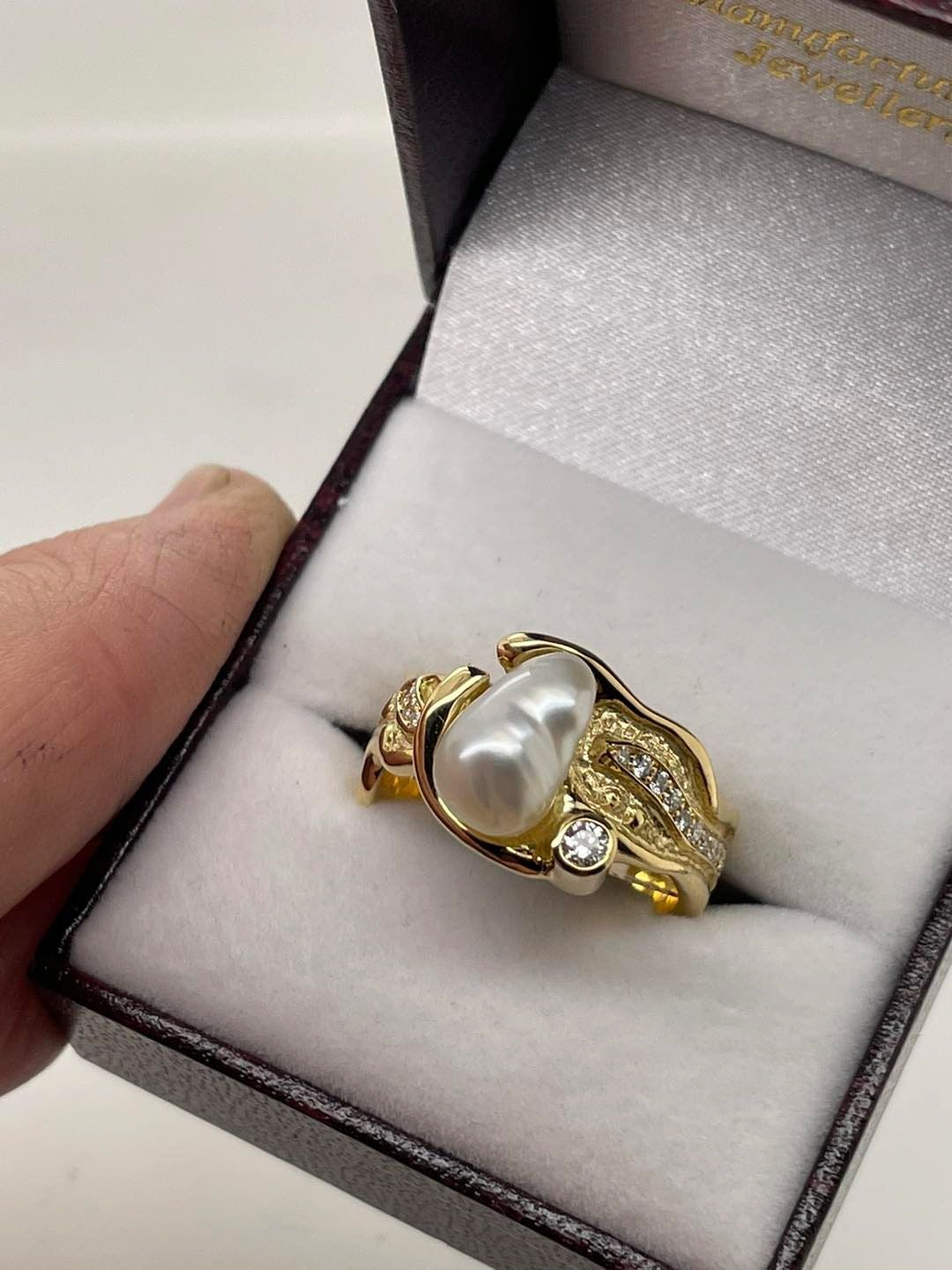 Gold Ring With a Large White Pearl and Small Diamonds — Chris Williams Retail & Manufacturing Jewellers in Wanguri, NT