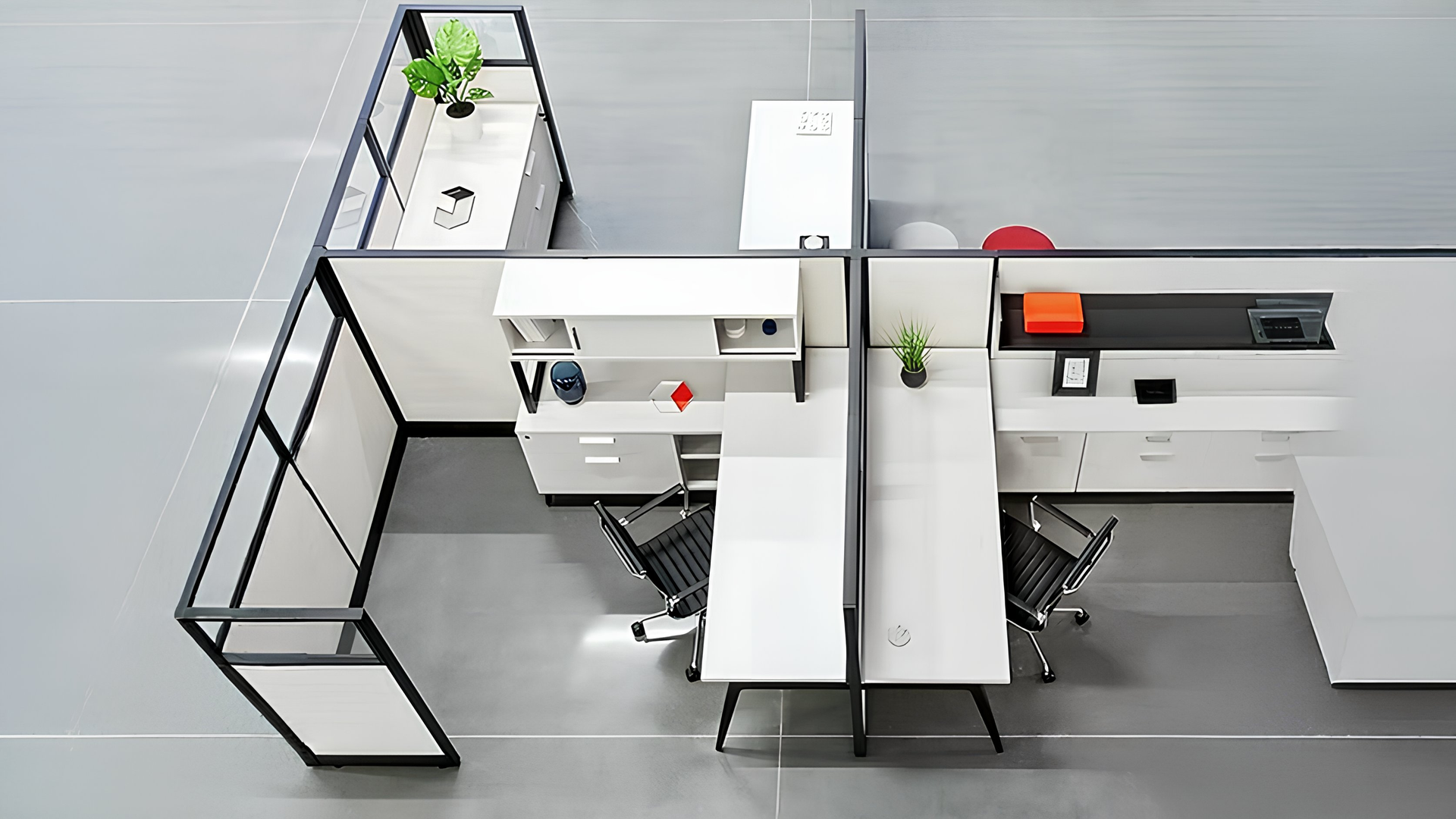 An aerial view of an office with cubicles and desks