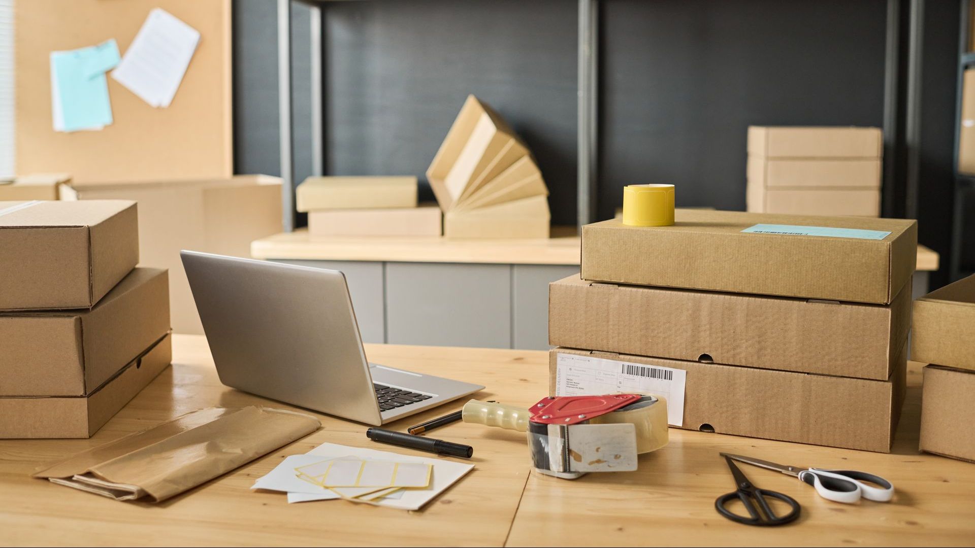 A desk with a laptop , scissors , tape and boxes on it.