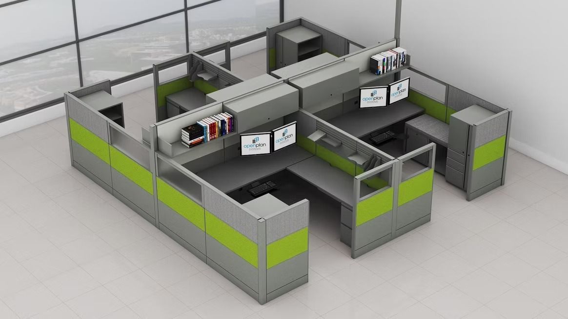 An aerial view of a cubicle in an office with a lot of windows.