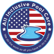 Logo for All Inclusive Pool Care with an American flag and blue swimming pool icon, slogan: &ldquo;We do the work so all you have to do is swim&rdquo;