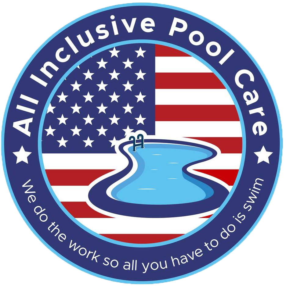 Logo for All Inclusive Pool Care with an American flag and blue swimming pool icon, slogan: &ldquo;We do the work so all you have to do is swim&rdquo;