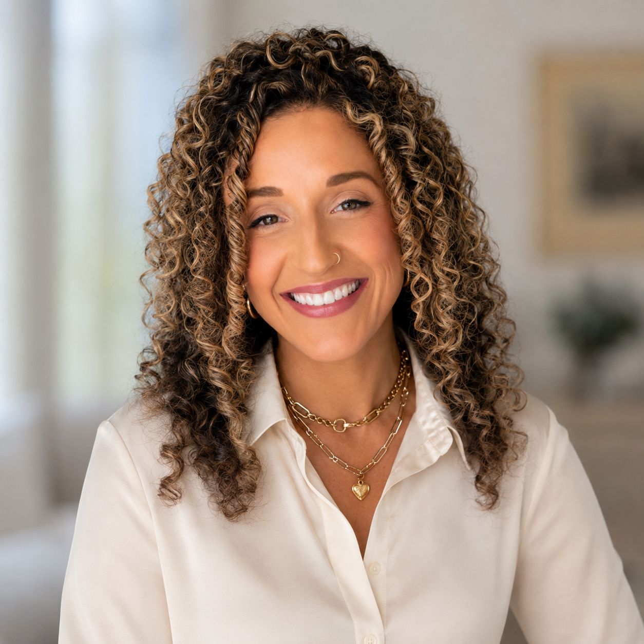 Woman with long wavy brown hair smiles, wearing a black blazer and gold necklace, against a white backdrop.
