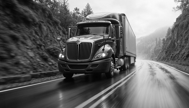 Semi-truck driving on a wet road in a mountainous setting.