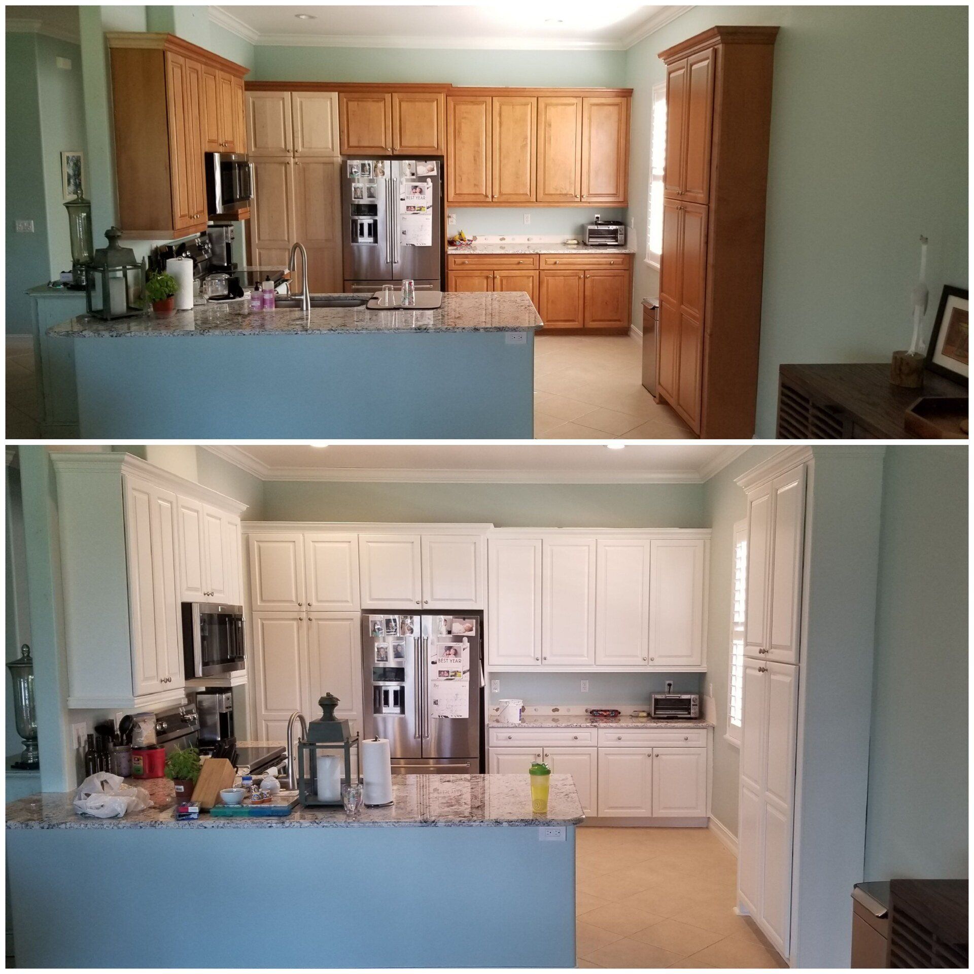 Kitchen before and after: wooden cabinets replaced with white cabinets, on a light blue wall.
