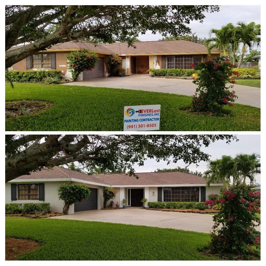 Before-and-after of a house painted white; formerly brown, with improved landscaping.