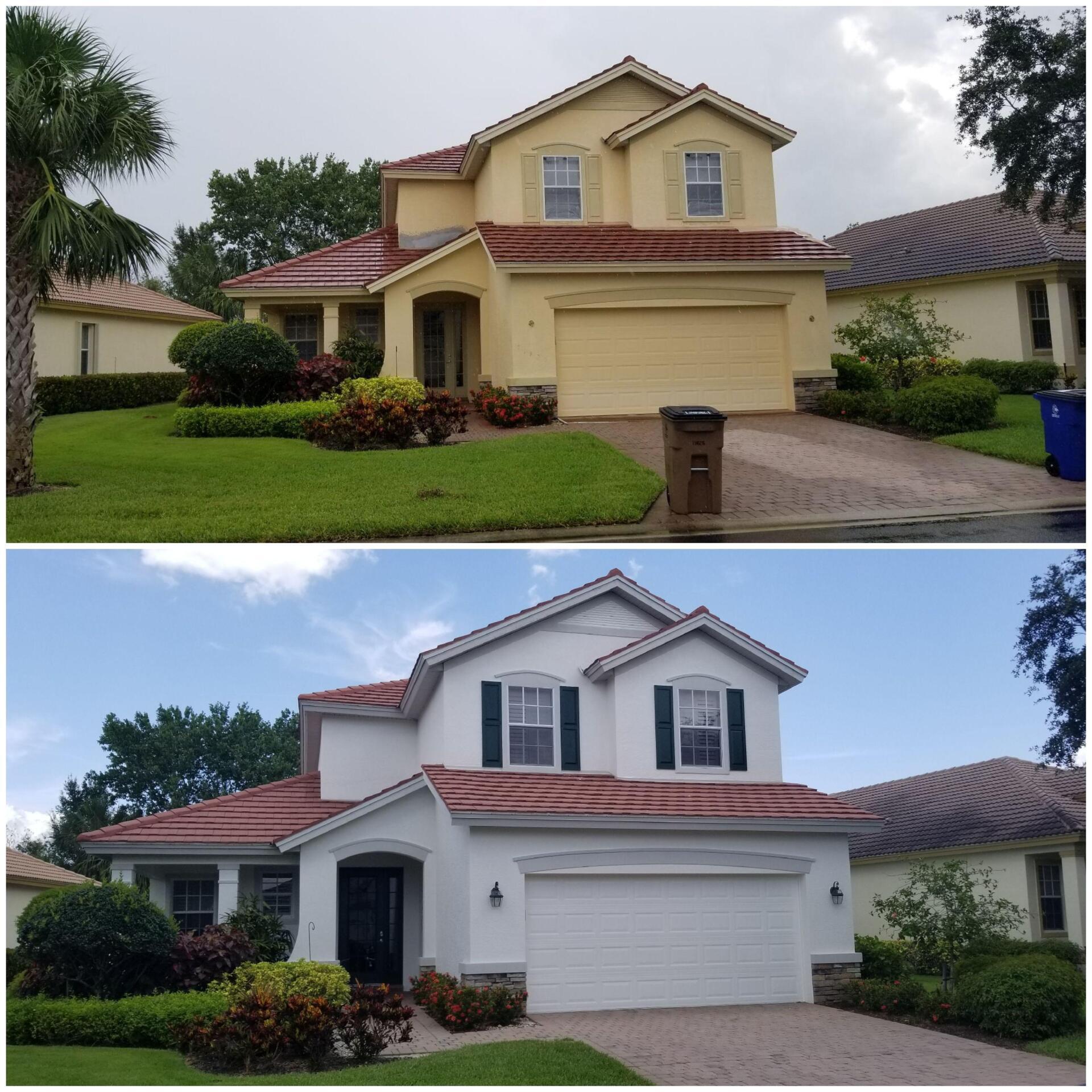 Top: Yellow house with red roof. Bottom: White house with red roof. Before and after exterior paint.