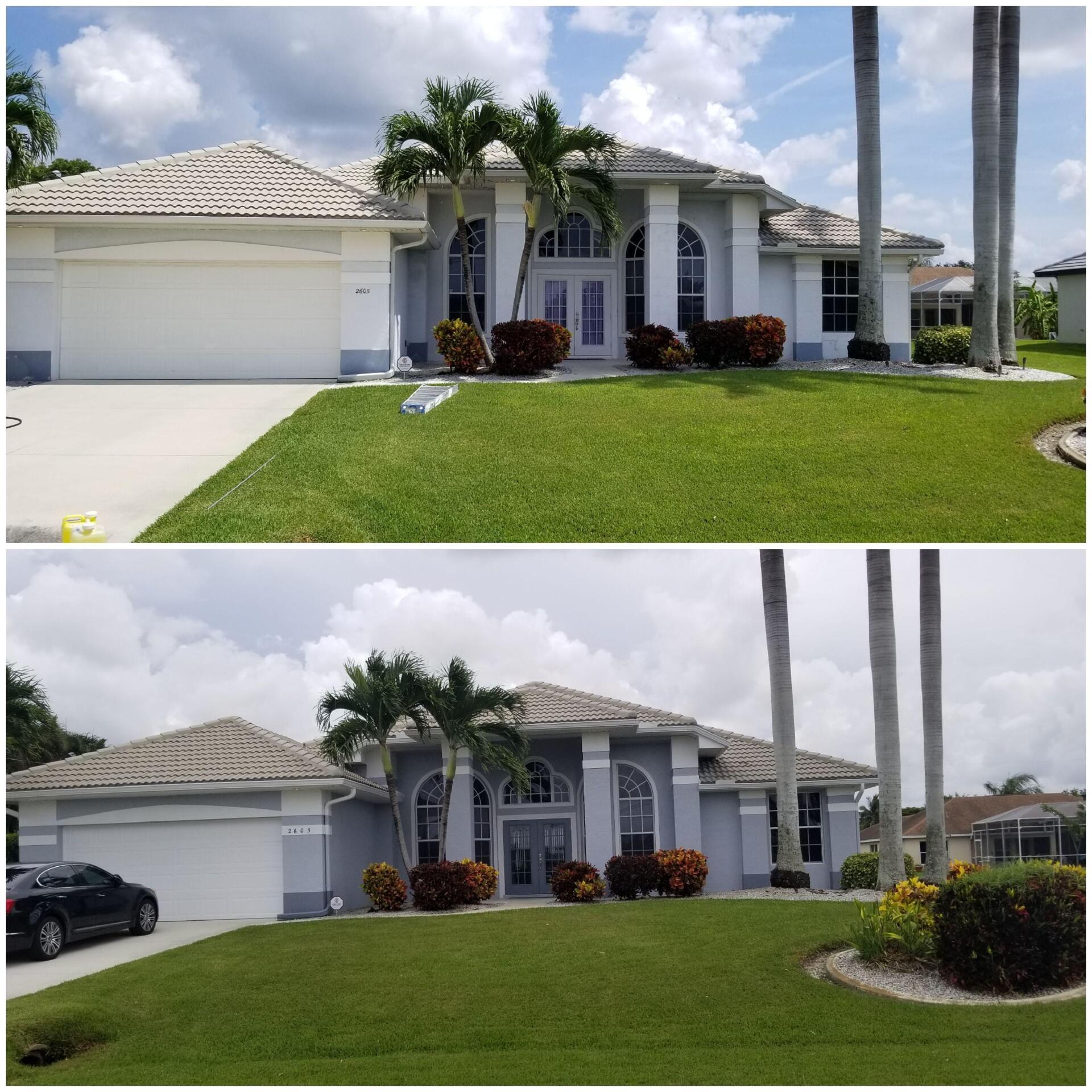 Top: Two-story house with white garage door and blue exterior, palms. Bottom: Same house, car parked, more foliage.