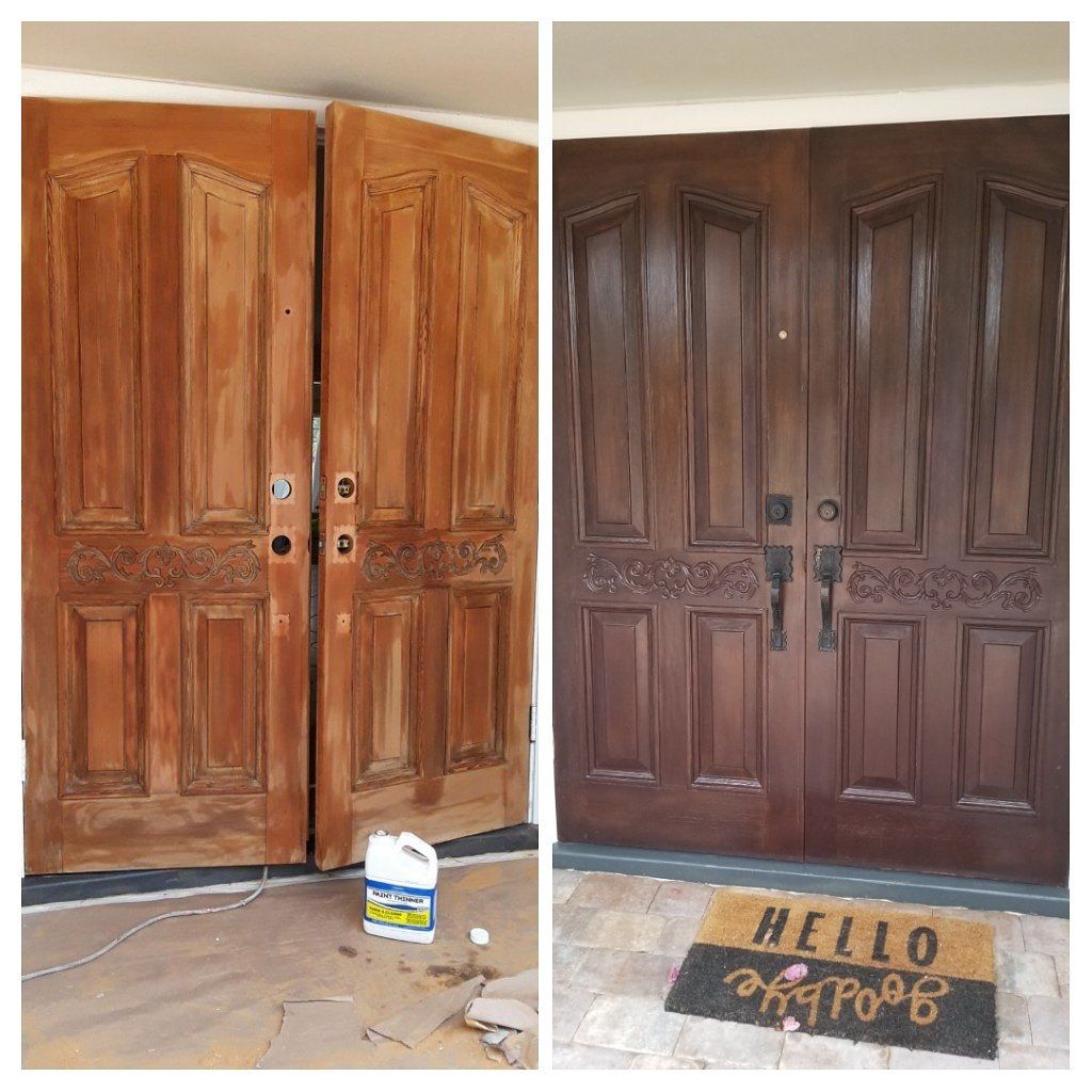 Before and after of brown double doors; a cleaning product is on the ground near the doors.