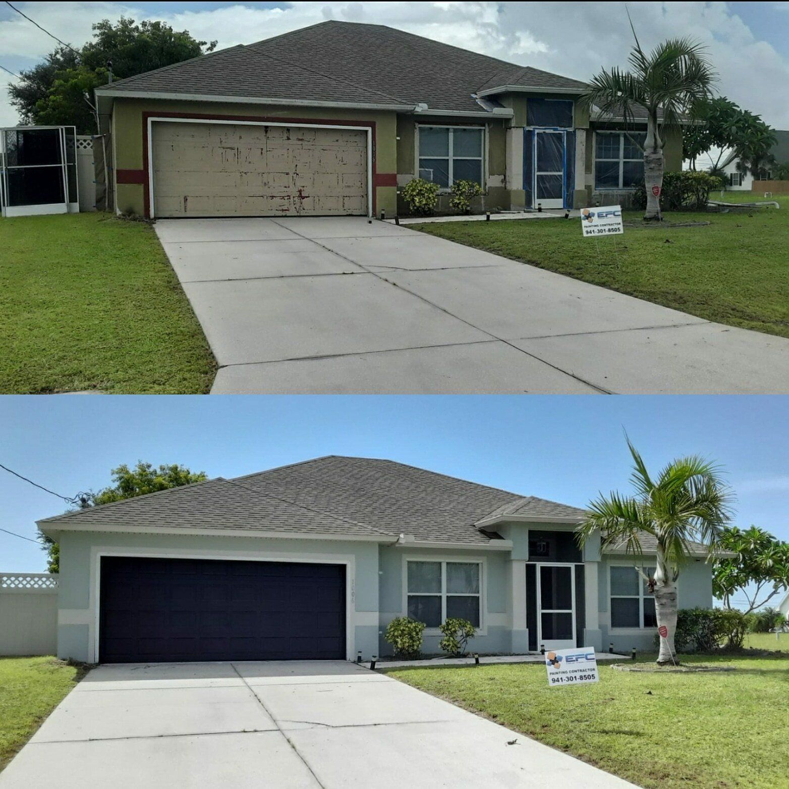 Before-and-after view of a house; top shows faded paint, bottom refreshed. Garage door and siding color changed.