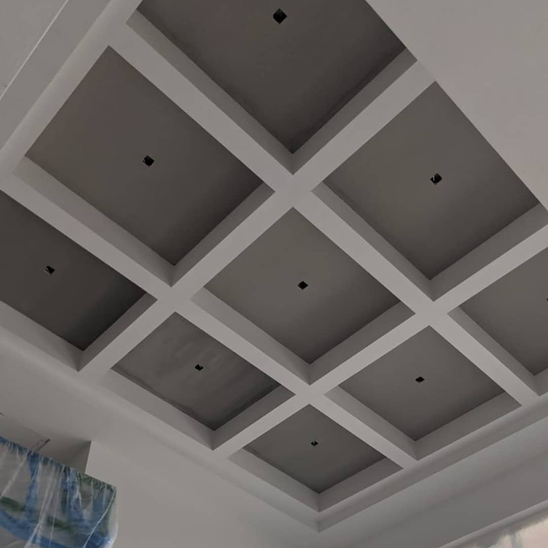 A gray coffered ceiling with white beams and black recessed light openings.