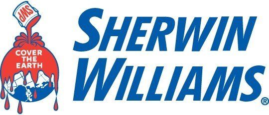 Sherwin-Williams logo: a globe being painted with red paint dripping from a can labeled SWP.  Blue text reads SHERWIN WILLIAMS.