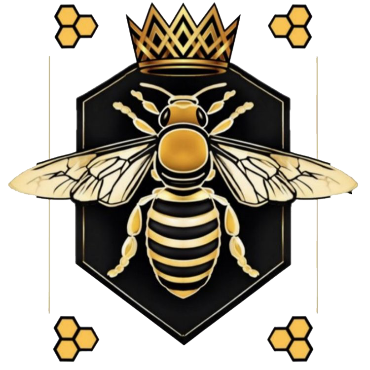 A bee with a crown on its head is surrounded by honeycombs.