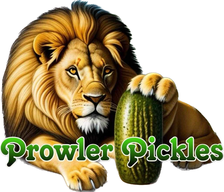 A picture of a lion holding a pickle that says prowler pickles
