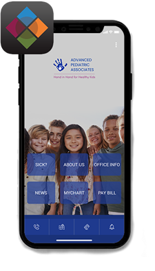 Mobile banking app home screen with blue buttons and group photo banner