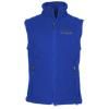 Blue sleeveless zip-up vest with a high collar and zippered pockets.
