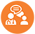 Orange icon of two people with a speech bubble and pointer, suggesting communication or customer support