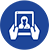 Blue icon of a person using a laptop in front of a screen, indicating remote access or online service.