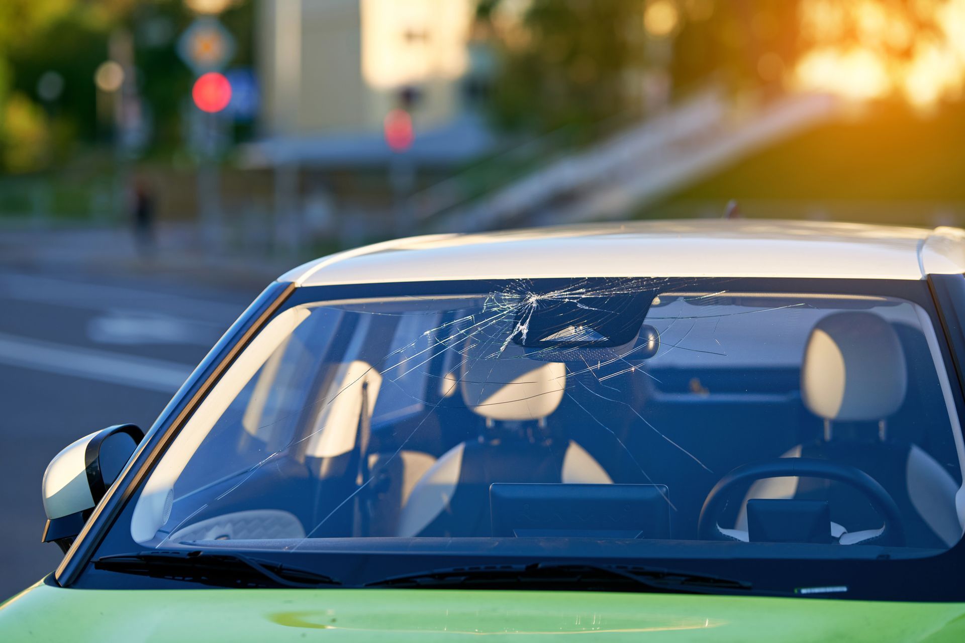 Driver seen through windshield in a green car on a road at sunset