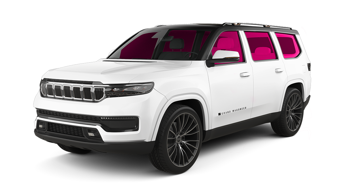 White SUV with black wheels and magenta-tinted windows on a white background