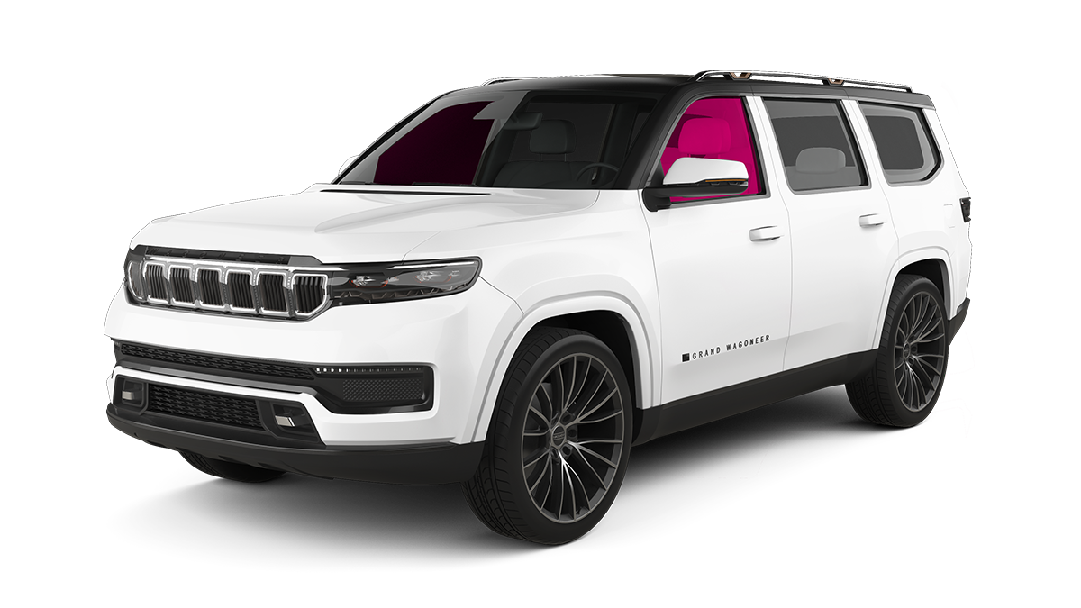 White SUV with black wheels and tinted windows on a white background