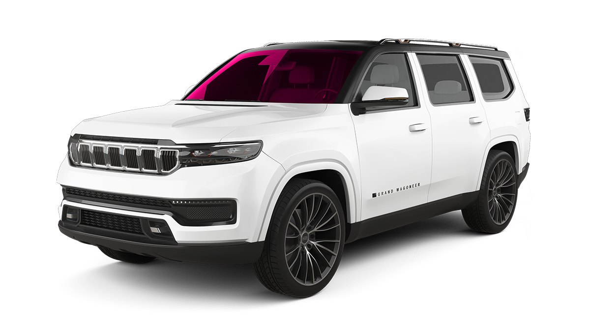 White SUV with black wheels on a white background, front three-quarter view.