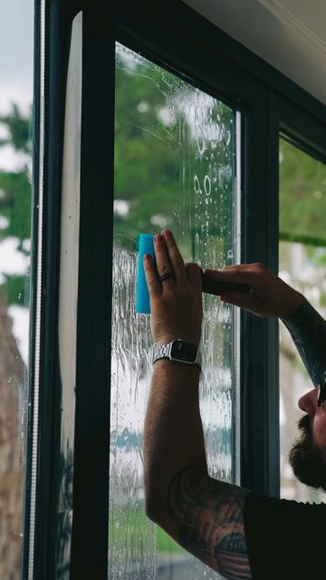 Person cleaning a window with a blue cloth in a bright room, greenery visible outside.