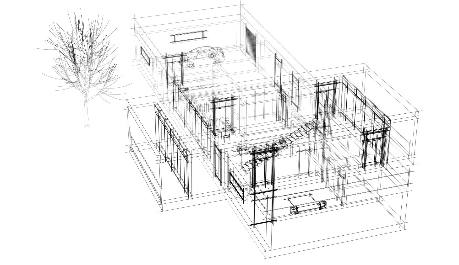 Architectural sketch of a modern house, showing interior and exterior details in a wireframe style. Architectural sketch of a modern house, showing interior and exterior details in a wireframe style.