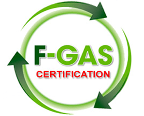 Logo della certificazione F-GAS con testo racchiuso in una freccia circolare verde, che sottolinea il riciclaggio.