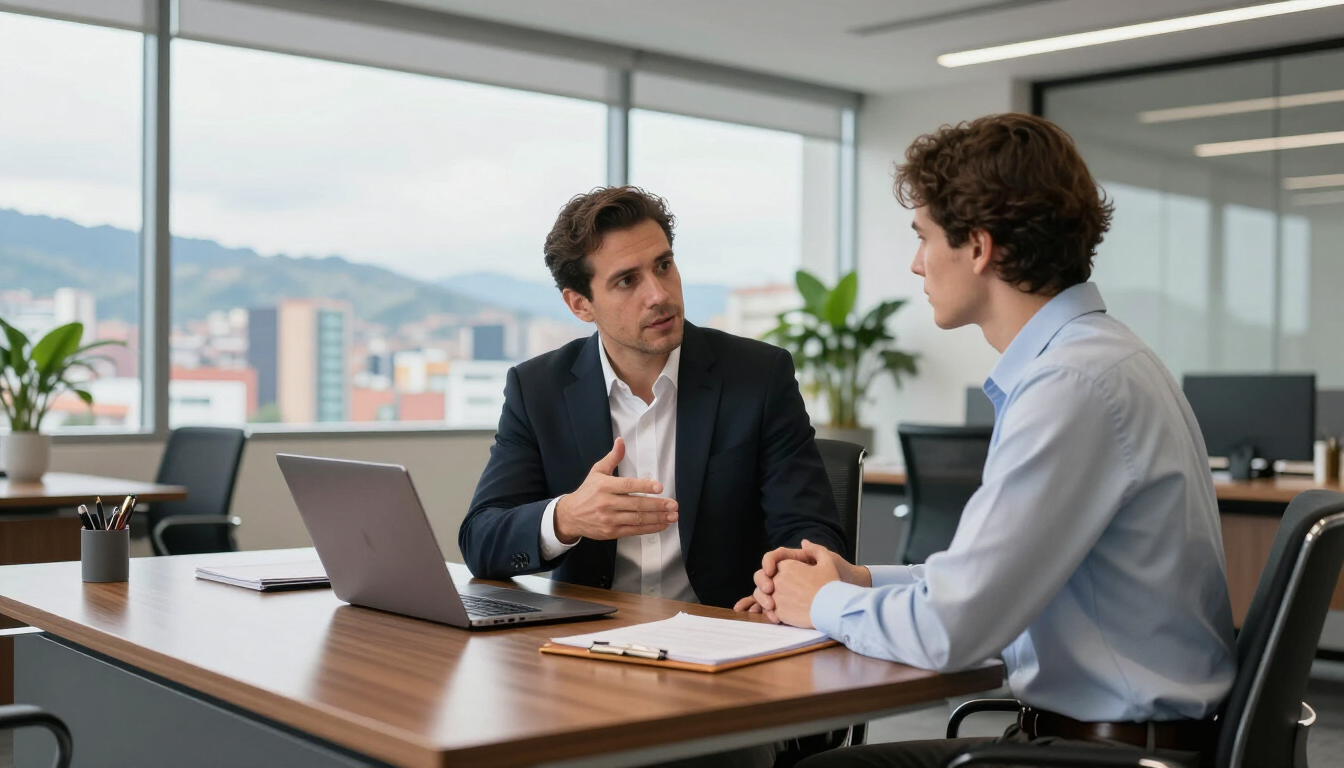 Dos compañeros de trabajo conversan sentados en un escritorio en una oficina luminosa, con un ordenador portátil y vistas a la ciudad.